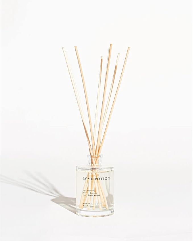 Brooklyn Candle Studio Reed Scent Diffuser - Love Potion - Relaxing Oil Diffuser, Jasmine, Lavender & Mandarin Fragrance, 8 Rattan Diffuser Reeds, Clean Ingredients - 3.7oz