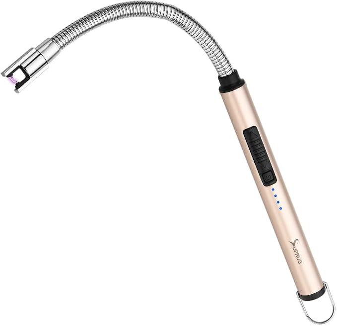 SUPRUS Electric Candle Lighter USB Type C Rechargeable Lighter Steel Shell & Hanging Hook with 360° Flexible Neck(Gold)