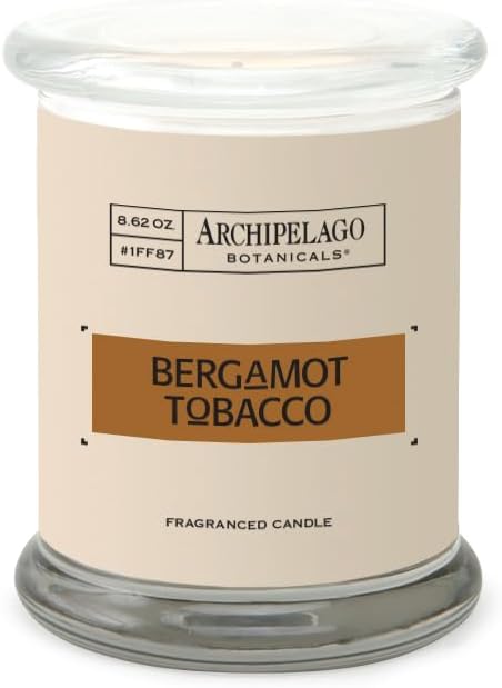 Archipelago Botanicals Scented Candle Hand-Poured Premium Wax, Burns Approx. 60 Hours, Bergamot Tobacco, Soy Candle in Glass Jar, 4.5 Inch, 8.6 oz