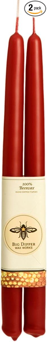 Big Dipper Wax Works Red Hand-Dipped Beeswax Taper Candles – 12” x 7/8”, 2-Pack, 100% Pure Beeswax, Long Burning, Clean, Cotton Wick, Handmade in USA, Home Décor & Wedding Candles