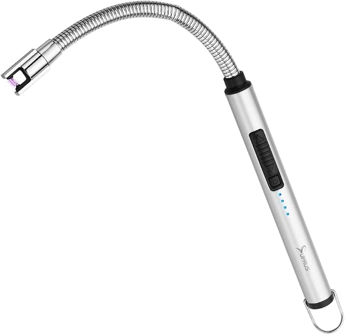 SUPRUS Electric Candle Lighter USB Type C Rechargeable Lighter Steel Shell & Hanging Hook with 360° Flexible Neck(Silver)