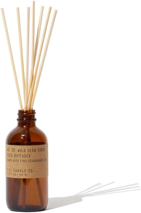 P.F. Candle Co. Wild Herb Tonic Classic Scented Rattan Reed Diffuser (3.5 fl oz) Amber Glass Jar, Fine Fragrance Oil, Flame-Free Fragrance, Made in The U.S.A.