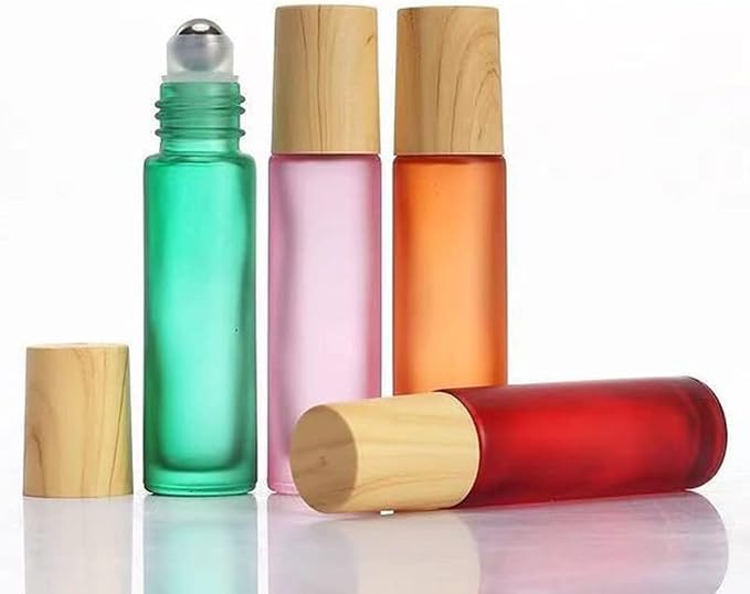 10 Pcs Frosted Glass Essential Oils Roll on Bottles,10ml Refillable Massage Roller Bottles Perfume Bottles with Stainless Steel Ball Wood Grain Cap Empty Travel Roller Essential Oils Vials(Red)