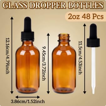 STAERSIDE 48-Pack 2 oz Amber Glass Dropper Bottles, Leakproof & Durable for Essential Oils & Craft Use, Complete Kit with Funnel, Brush, Labels, Extra Droppers & Measuring Cup