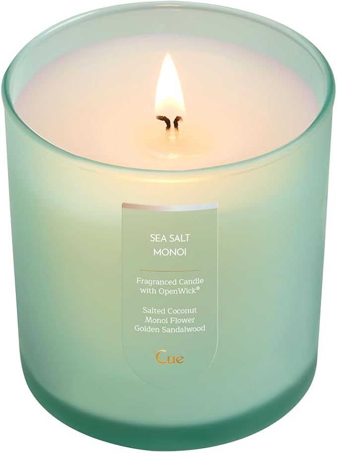 CUE Scented Candle | OpenWick Clean Burning | Soy Coconut Wax Blend | Spring | Summer | Clean Burning | Gift | Extended Burn Time (8.5oz, Sea Salt Monoi)