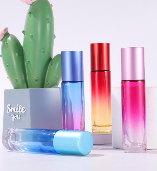 10 Packs 10ml Gradient Color Essential Oil Roller Bottles,Thick Glass Empty Refillable Roll On Bottles with Stainless Steel Roller Balls for Travel,Fragrance,Perfume, Essential Oil (Red)