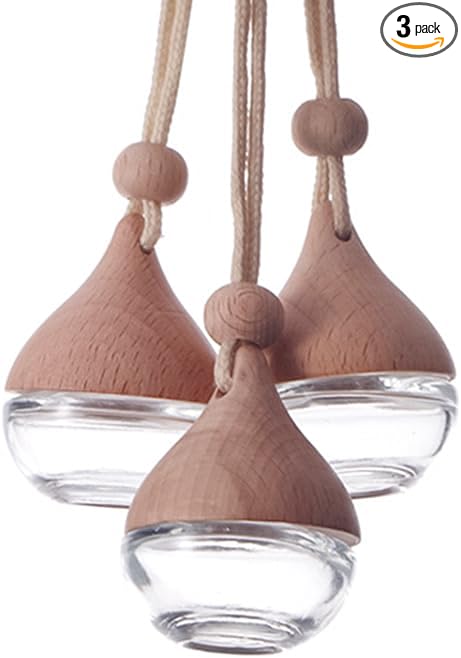 3 Pcs Hanging Car Air Freshener Diffuser Bottles – 6ml Refillable Essential Oil Aromatherapy Perfume Pendant, Clear Empty Glass with Wooden Cap & String for Vehicle Decoration, Closet Fragrance