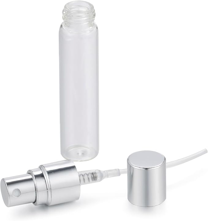 20Pcs 5ml Empty Clear Glass Mist Spray Bottle Refillable Mini Perfume Atomizer Travel Sample Bottle with Silver Aluminized Nozzle Makeup Container for Perfume (5ml Silver Caps)