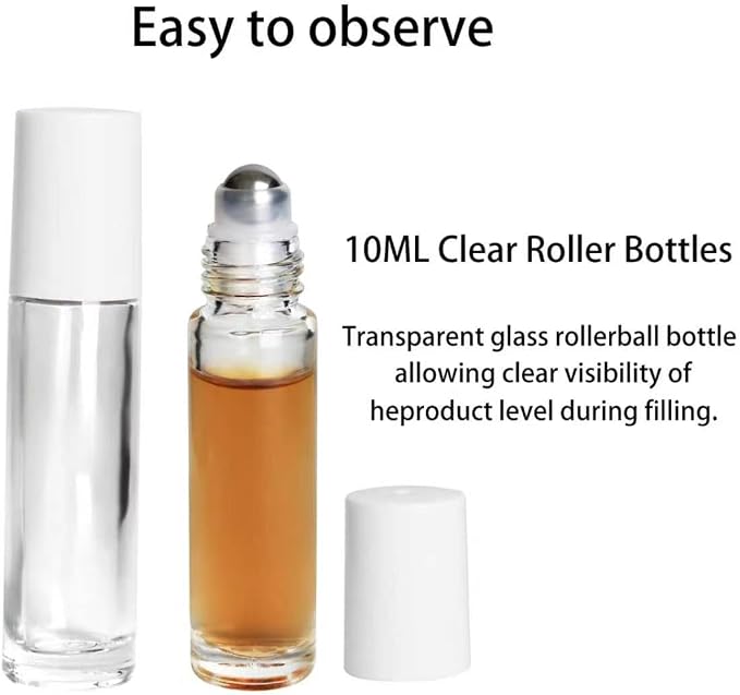 24-Pack 10ml Clear Glass Roll-On Bottles with Stainless Steel Rollers, Refillable Roll-On Applicators for Essential Oils, Castor Oil, Aromatherapy, and Empty Deodorant Containers