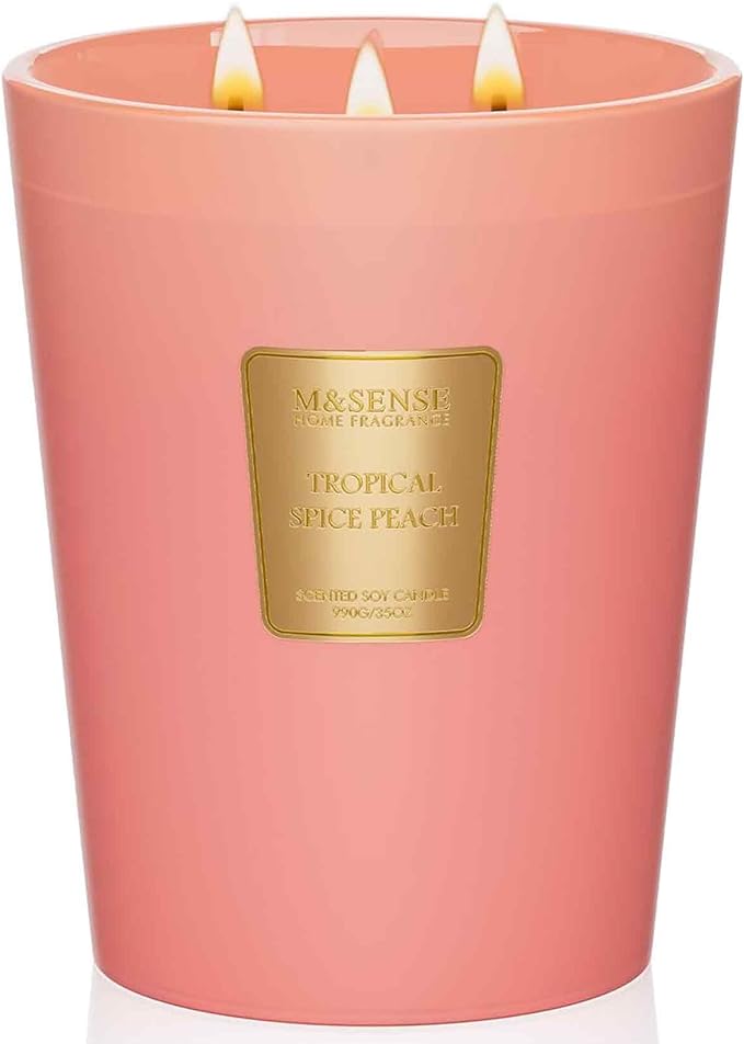 M&SENSE Tropical Spice Peach Soy Candle, 35oz 3 Wick 150H, Large Fruity Aromatherapy Candles Natural Scent, Housewarming Gift