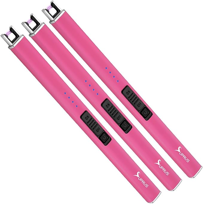 SUPRUS Fluorescent Glows in The Dark Electric Candle Lighter Rechargeable USB Arc lighters with Safety Lock Windproof Flameless Plasma for Candle BBQ Camping (Pink, 3)