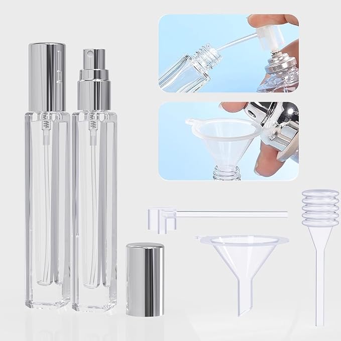 5PCS Cologne Atomizer Empty, 10ML Mini Perfume Bottles Refillable With Dispenser Tools, Pocket Spray Bottle for Travel and Sample Container (Transparent+Silvery Cap)