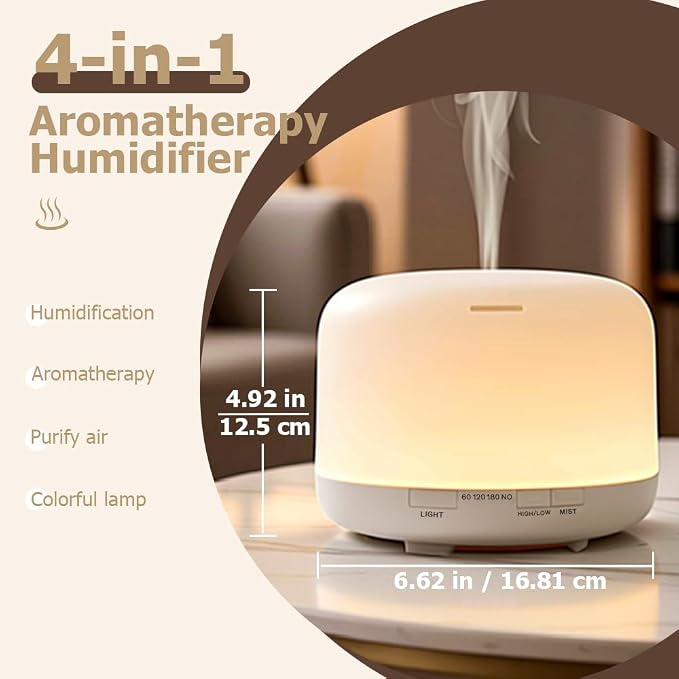500ml Premium Essential Oil Diffuser,Quiet 4-in-1 Ultrasonic Aromatherapy Humidifier,7 Color LED Lights,with Adjustable Automatic Timer Off Function and Spray Mode. (White,Classic Model)