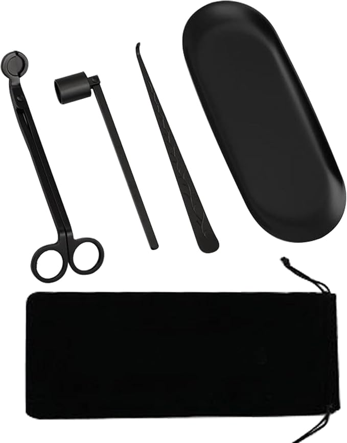 4 in 1 Candle Accessory Set, Candle Snuffer, Candle Wick Cutter, Candle Dipper, Storage Tray Plate, Candle Care Kit with Velvet Pouch for Candle Lover (Black)