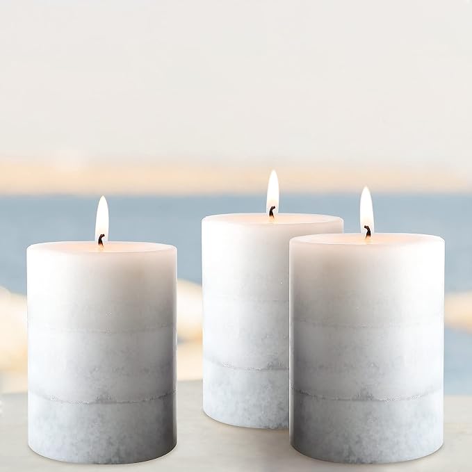 Set of 3 Scented Pillar Candles Creamy Coconut Scented 3" x 4" Long-Lasting Burn Candle White Gray Palette Pillar Candle Clean Burning No Drip Candles Gift for Home Party Dinner Table Decor