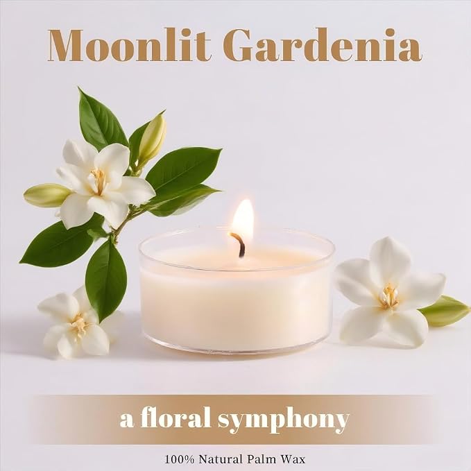 DEVI Moonlit Gardenia Scented Tea Lights Candles 12 Pack, 3.5-4 Hours Natural Palm Tea Candles Bulk for Home Scented, Highly Scented Small Votives with Essential Oils for Home Aromatherapy, Gifts