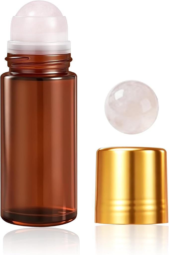Rose Quartz Refillable Roller Ball Applicator for Essential Oils 50ml, Amber Glass Roll on Bottle, Leak-Proof Oil Roller Bottle, Ideal for Travel and Personal Care