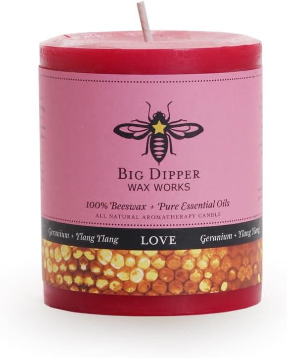 Big Dipper Wax Works 100% Pure Beeswax Pillar Candle, Love (Geranium & Ylang Ylang) Aromatherapy Candle with Pure Essential Oil, Non Toxic Natural Candle, 60 Hour Burn, Medium 3" x 3.5"