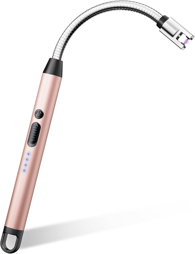 VEHHE Long Lighters Rechargeable with Safety Switch, USB C Lighter with 360° Flexible Neck, Windproof Flameless Plasma Arc Lighter with Led Battery Display for Fireworks BBQ Camping (Rose Gold)