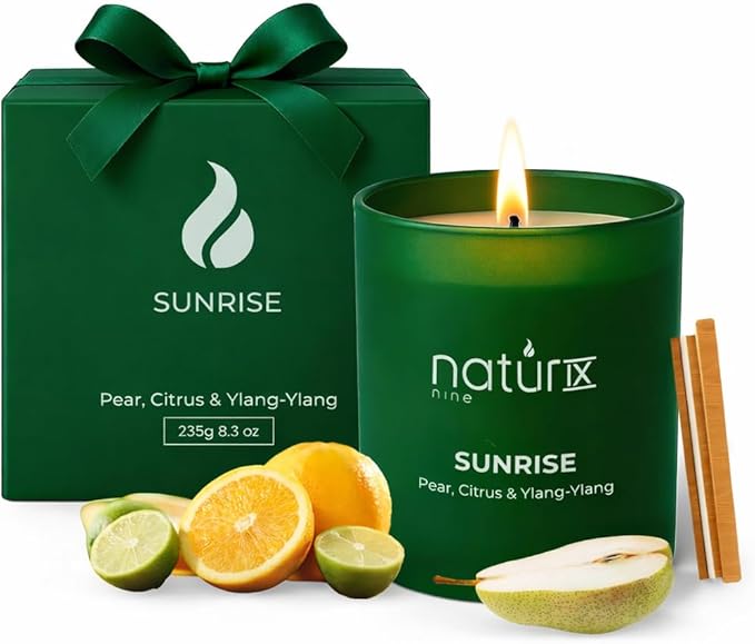 Natur IX Sunrise Scented Candles for Home | Pear,Citrus,YlangYlang | Natural Non Toxic Soy Candles with Essential Oils | 50h Long Burning