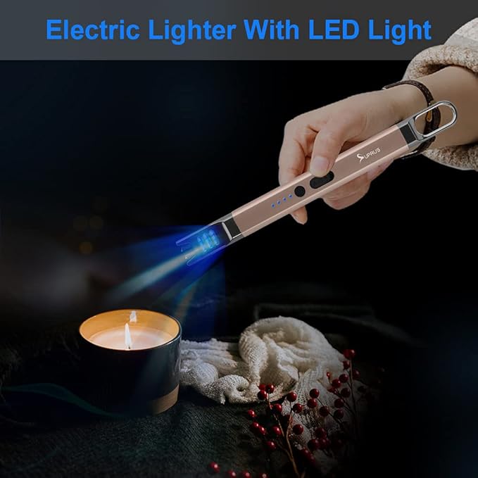 SUPRUS Candle Electric Arc Lighter Windproof Flameless USB Rechargeable Lighter with LED Light for Candle Camping BBQ Cooking (Champagne Gold)
