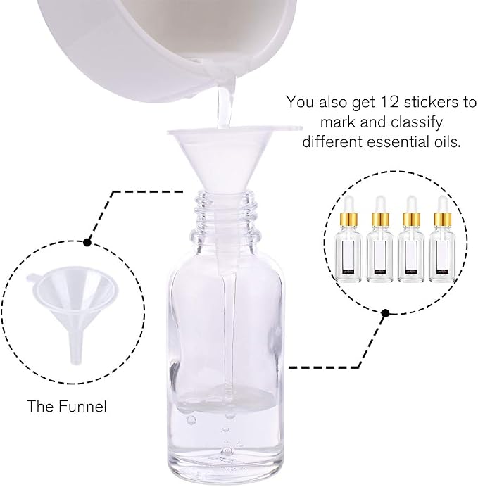 PrettyCare 2 oz Dropper Bottles, 4 Pack Clear Glass Bottles 60ml with Golden Caps, 12 Labels, Funnel & Measured Pipettes-Empty Tincture for Essential Oils & Skincare