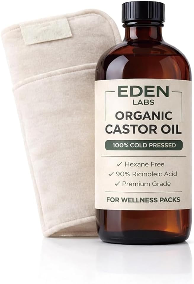 Eden Labs Castor Oil Pack, Organic Cold Pressed Castor Oil Detox Kit with Reusable Leak-Proof Wrap & Adjustable Straps, Supports Relaxation & Digestive Comfort, Easy to Use & Adjustable (1pcs)
