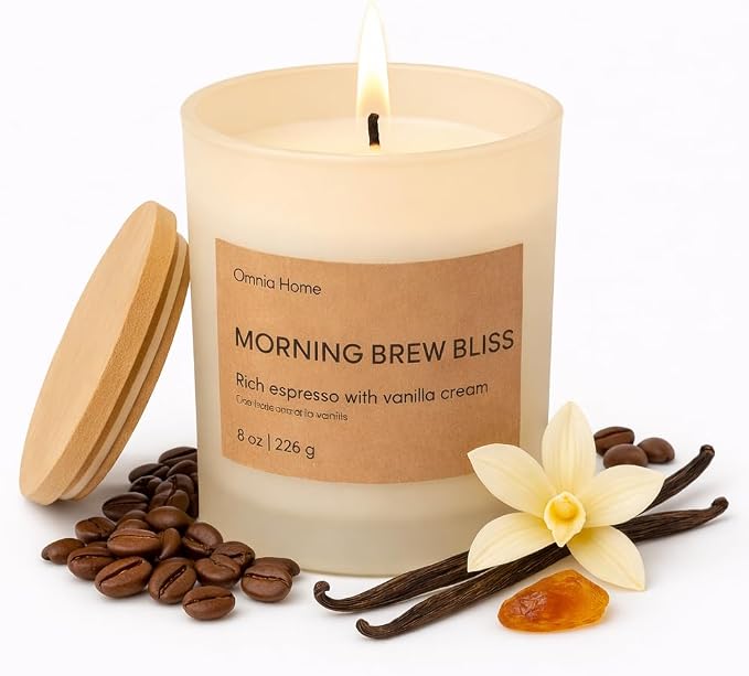 Scented Soy Wax Candle – Coffee Candles for Home Scented with Notes of Espresso, Vanilla Cream & Warm Amber – Cozy Home Decor & Gift (Morning Brew Bliss, Beige, 8 oz)