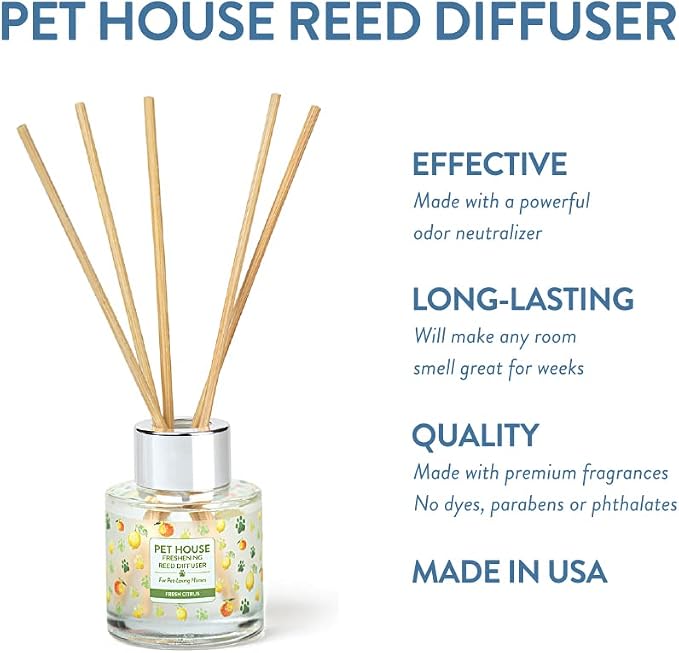 Pet House Fresh Citrus Reed Diffuser with Bamboo Sticks, Long Lasting Pet Air Freshener - Scented Oil Diffuser for Home