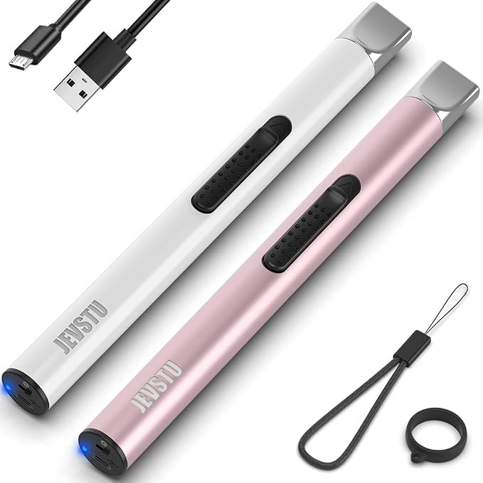 Candle Lighter, Electric Rechargeable USB, Arc Windproof Flameless Plasma Lighter Long Stick, No Butane Fluid, Perfect for Candle BBQ Camping Kitchen Stove, Pink and White