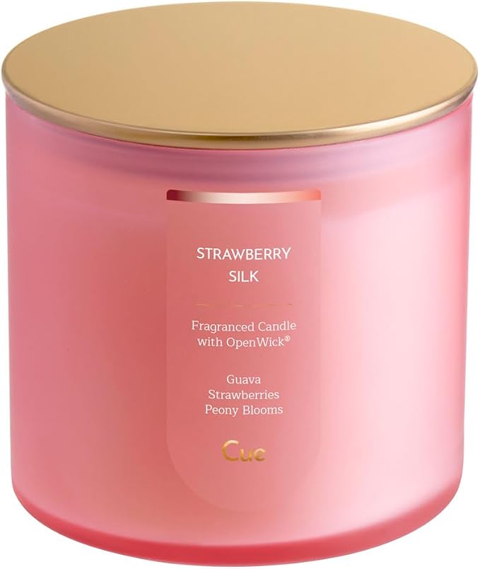 CUE Scented Candle | OpenWick Clean Burning | Soy Coconut Wax Blend | Spring | Summer | Clean Burning | Gift | Extended Burn Time (14oz, Strawberry Silk)