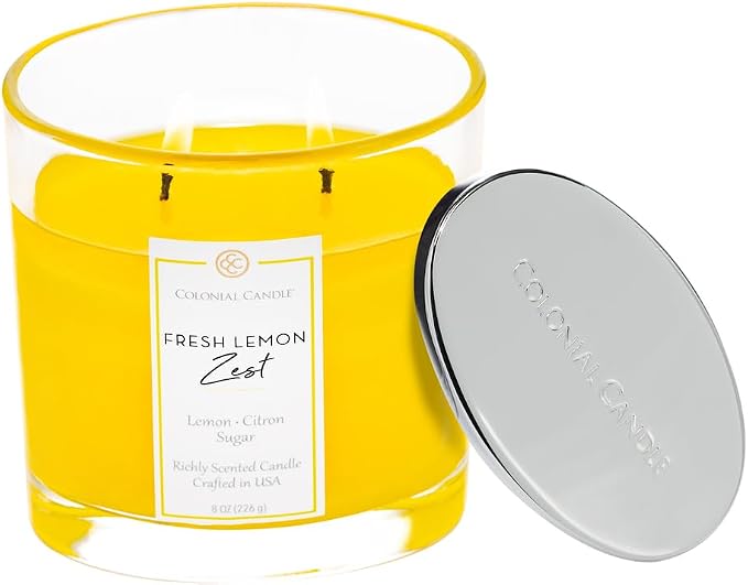 Colonial Candle Fresh Lemon Zest Scented Candle Jar, Highly Fragranced Candles for Home Scented, Mottled Wax Candle, 2 Wick, 8 oz - Made in the USA
