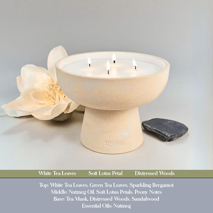 Blueme Balance Candle | White Lotus & Tea | 4 Wick - Refillable Wellness Candle with Essential Oils, Hand Finished & Poured Soy Wax Blend Ceramic Vessel, Natural Cotton Wicks | Large 24 oz