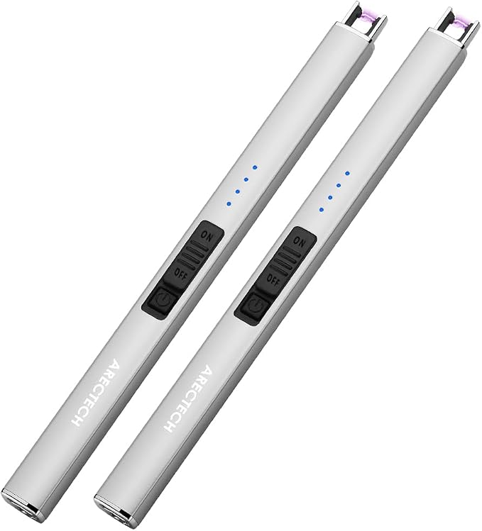 ARECTECH Electric Candle Lighter with Type-C Cable Birthday Gift for Man Women Wife Rechargeable Plasma Arc Lighters for Candle Camping Kitchen Stove Silver 2 Pack