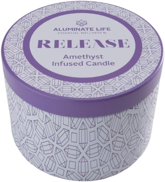 – Release Crystal-Infused Scented Candle with Healing Amethyst & Lavender Essential Oils, Hand-Poured Premium Coconut Wax, Luxury Gift, 6 oz