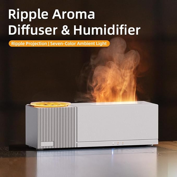 Essential Oil Diffuser, Flame Oil Diffuser - Aromatherapy Aroma Humidifier, Ripple Projection Vibe Remote Control - Perfect for Bedroom Home Office (150ml Ripple Flame, White)