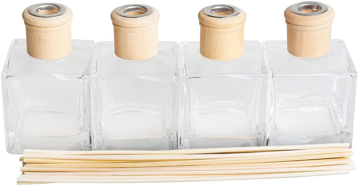 Fragrance Glass Diffuser Bottles Diffuser Jars with caps and Rattan Stick Set of 4 pcs 200ml Fragrance Accessories use for DIY Replacement Reed Diffuser Sets (4pcs per Set)