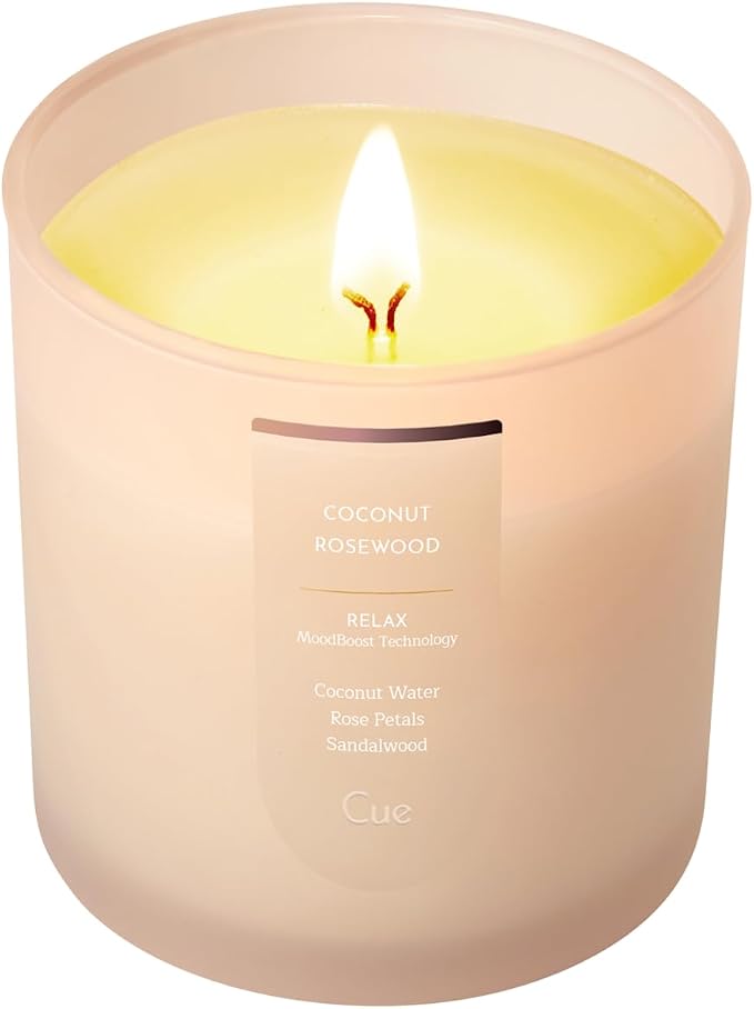 CUE Scented Candle |MoodBoost Essential Oils |OpenWick Clean Burning Candle | Soy Coconut Wax Blend | for Home | Mother's Day Candle Gift |Extended Burn Time (8.5oz, Coconut Rosewood)
