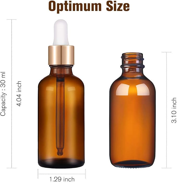 PrettyCare Set of 4, 1 oz Dropper Bottles with Golden Caps, Labels, Funnel & 2 Extra Dropper - 30 ml Thick Dark Amber Glass Empty Tincture Bottles for Personal Care & Beauty