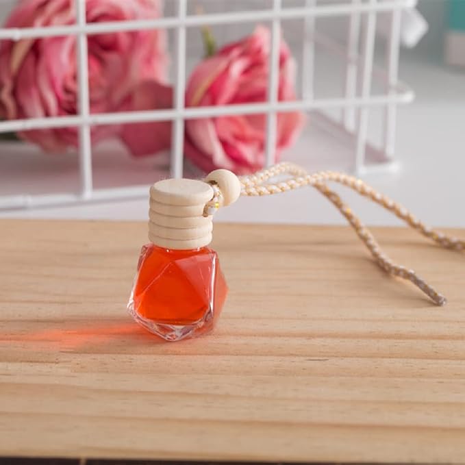 4Packs 8ml Hanging Car Air Freshener Perfume Bottle, Refillable Aromatherapy Fragrance Clear Empty Essential Oil Diffuser Pendant Auto Ornaments Decor Accessories with Wooden Caps (4Packs)