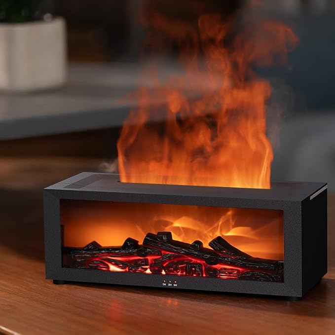 Essential Oil Diffuser, Fireplace Flame Oil Diffuser - Aromatherapy Aroma Humidifier, Upgrade 7 Colors Noiseless Remote Control - Perfect for Bedroom Home Office (150ml Fireplace Flame, Black)