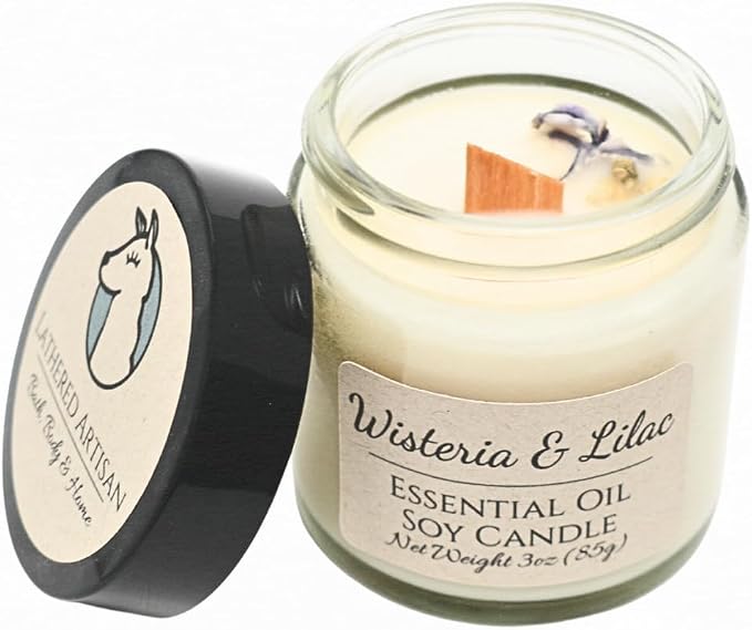 Wisteria & Lilac Floral Scented Candle, Hand Crafted Essential Oil Soy Candles Flickering Wood Wick, Dried Flowers, 23 Hour Burn Time, Natural Aromatherapy, Glass Jar with Lid by Lathered Artisan