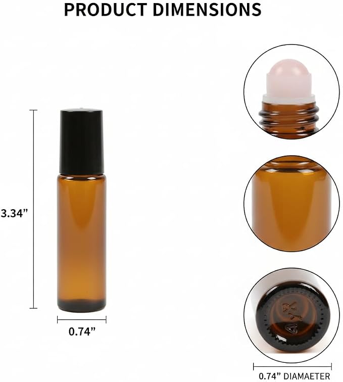 4 PACK Roller Bottles for Essential Oils with Natural Jade Roller Balls, 10ml Refillable Amber Glass, Leak-Proof Travel Size Roll On Bottles for Aromatherapy, DIY Perfume & Gifts (10ml Black Lid )