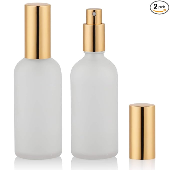 Glass Spray Bottle 3.4oz, Empty Frosted Perfume Atomizer, Fine Mist Spray,Gold Sprayer (2 PACK)