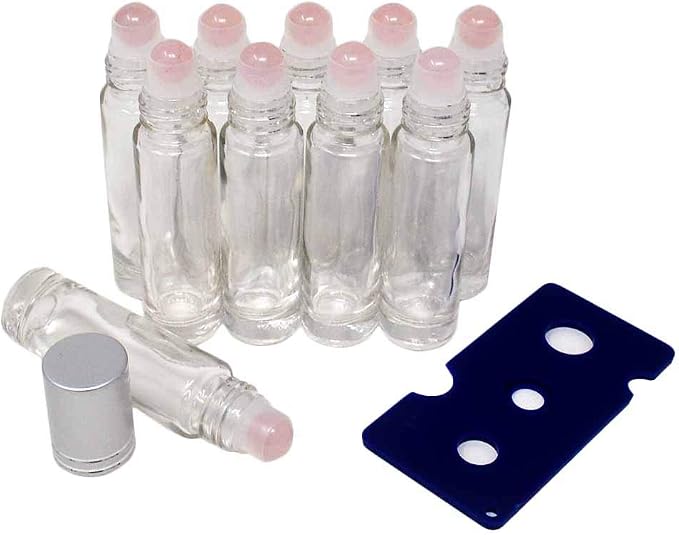 fengshuisale 10pcs Clear 10ml Empty Refillable Glass Bottles with Crystal Semiprecious Stones Essential Oil Gemstone Roller Ball Bottles with Silver Lid with Free Bag W3900 (Rose Quartz)