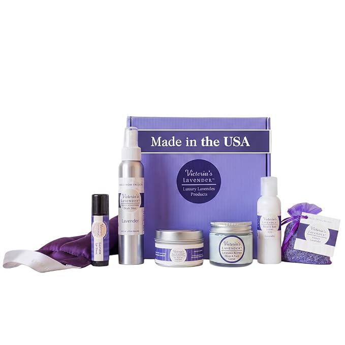 Victoria's Lavender Luxury Spa Gift Basket for Women, Neck Wrap, Body Mist, Body Lotion, Lip Balm, Soy Candle, Lavender Face Cream & Sachet, Birthday Gifts