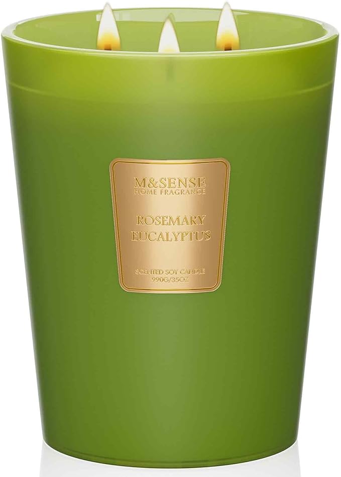 M&SENSE Rosemary Eucalyptus Soy Candle, 35oz 3‑Wick 150H, Large Summer Aromatherapy Candles Bathroom Freshness, Mental Clarity Gift