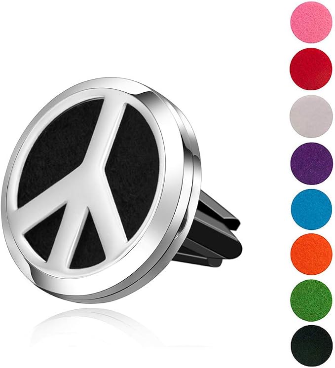Wild Essentials Peace Sign Essential Oil Car Vent Diffuser Kit – 316L Stainless Steel Locket, Rubber-Coated 4-Way Clip, 8 Color Pads (22mm), 25mm – Includes Alert & Inner Calm (2 x 10ml)