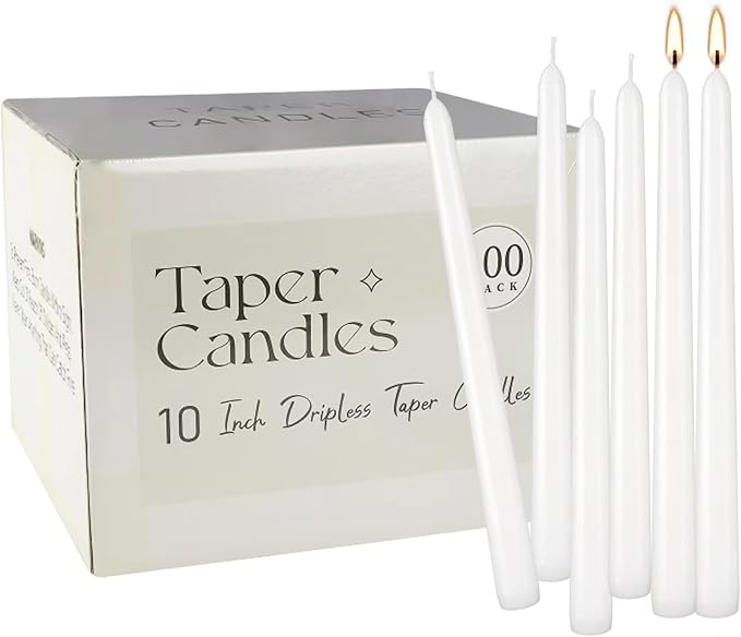 YOROXRG 100Pack White Taper Candles, 7-8 Hours Burn Time, Unscented, Smokeless and Dripless, 0.75 x 10 Inch Dinner Candle Set for Household, Wedding, Party and Home Décor Candlesticks