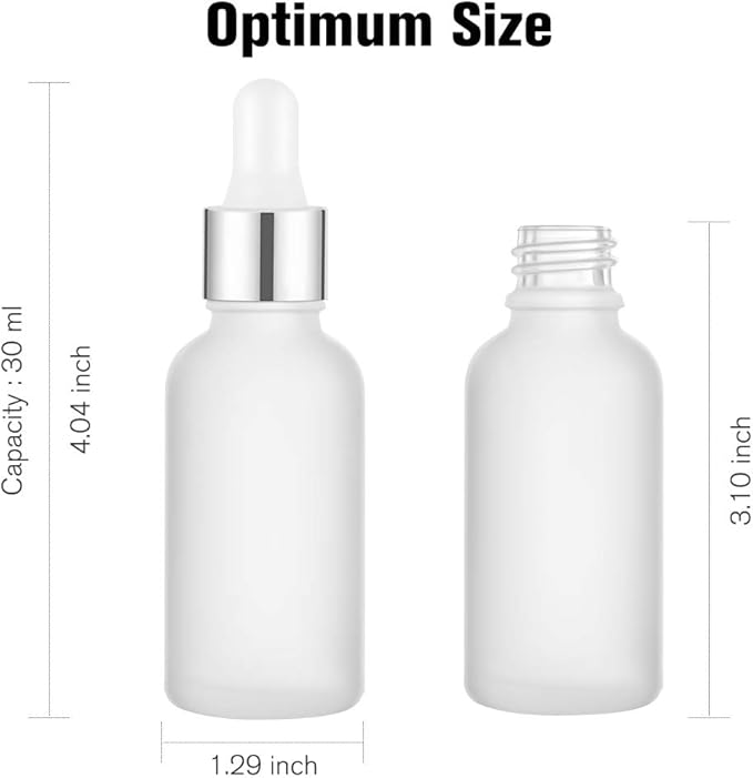 PrettyCare Glass Eye Dropper Bottles 24 Pack, 1oz (30ml) Frosted Empty Thick Bottles Bulk with Leakproof Silver Caps - With Labels & Funnels for Storage, Travel, Essential Oils, Cuticle, Tinctures